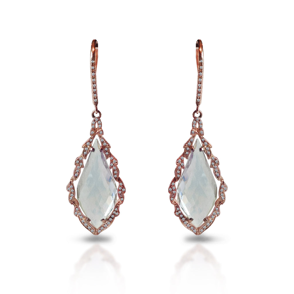 14k gold art deco ornate kite white topaz diamond dangle earrings ME1331TOW