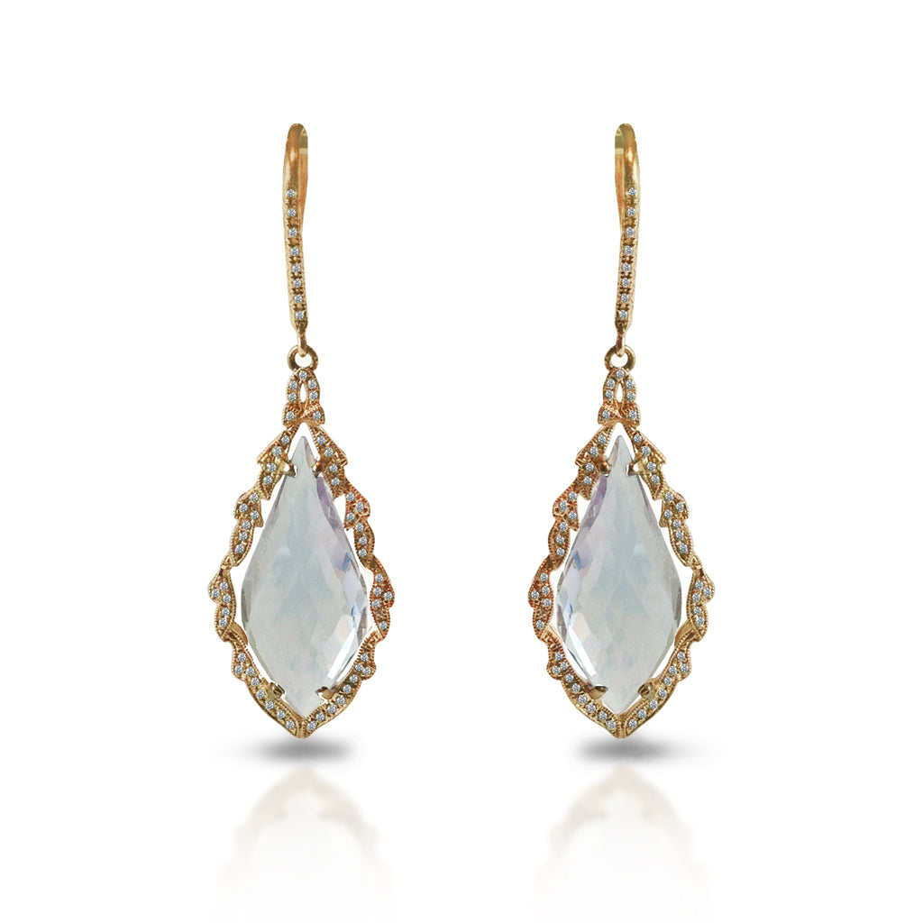 14k gold art deco ornate kite white topaz diamond dangle earrings ME1331TOW