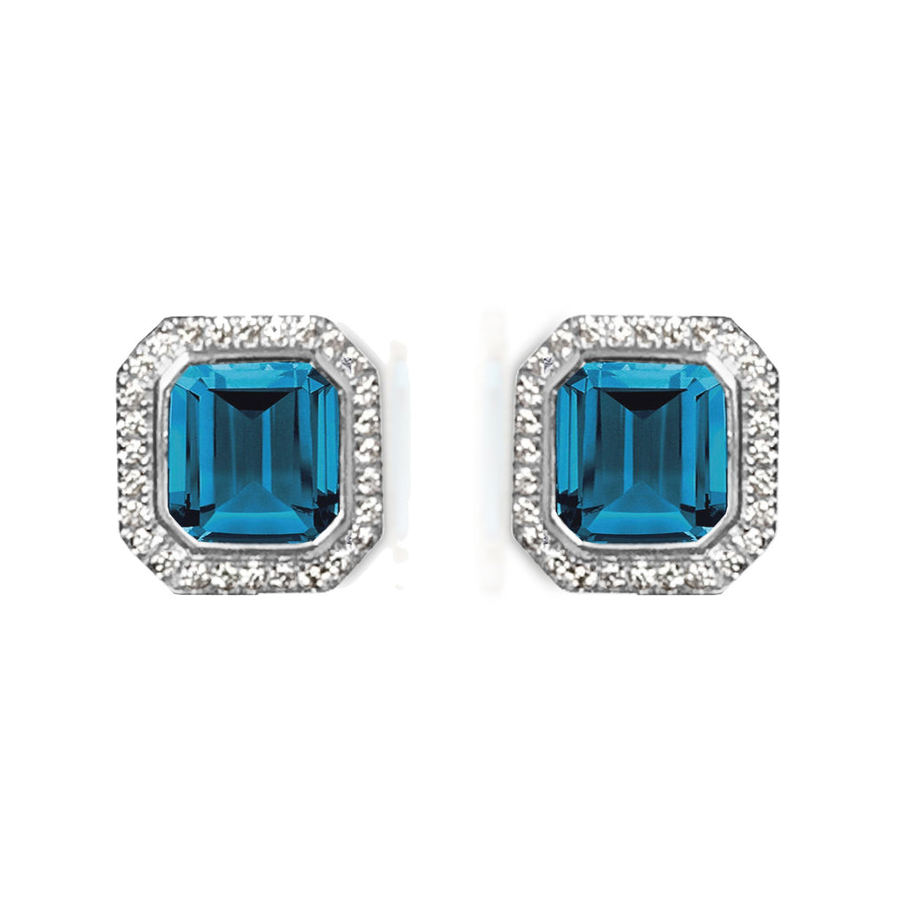 14k gold cushion octagon london blue topaz diamond stud earrings ME2315