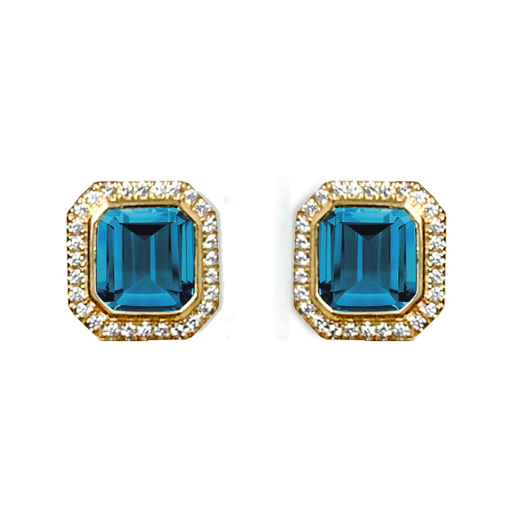 14k gold cushion octagon london blue topaz diamond stud earrings ME2315