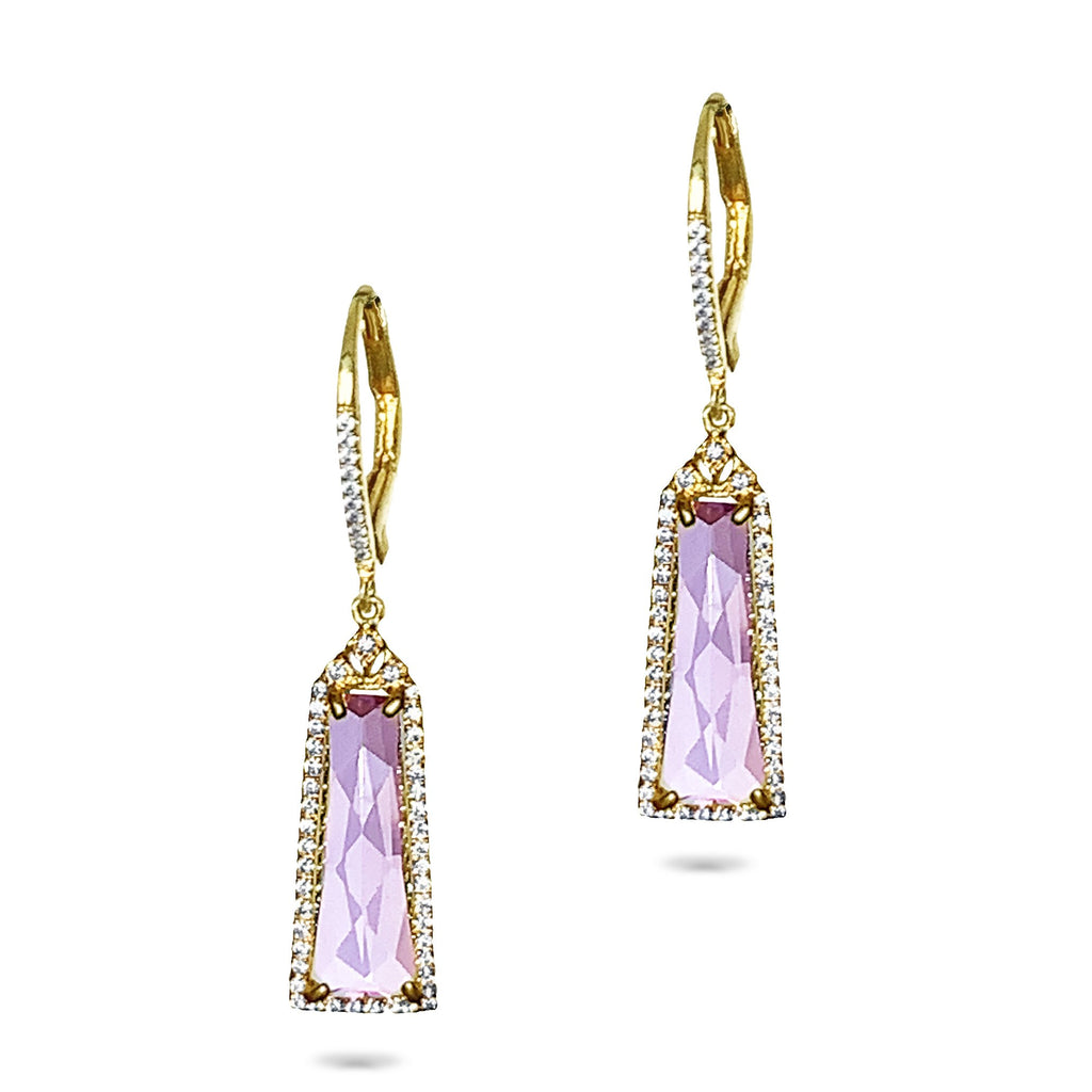 14k Gold Baguette Pink Amethyst Diamond Dangle Earrings ME23751