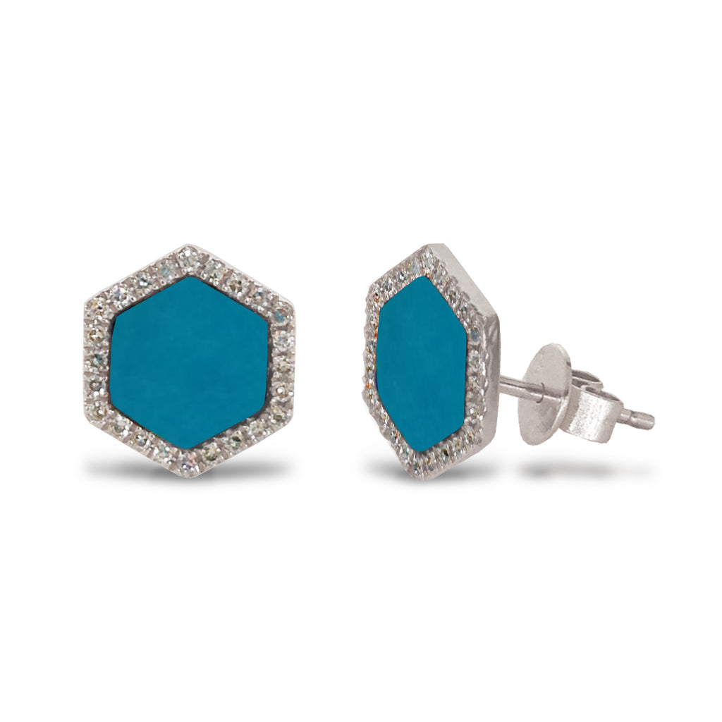 14K Gold Diamond Hexagon Turquoise Stud Earring ME2993TQ