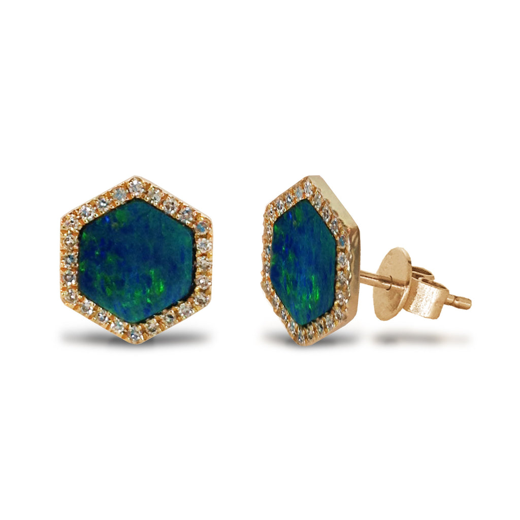 14K Gold Diamond Hexagon Opal Stud Earring ME2993OP