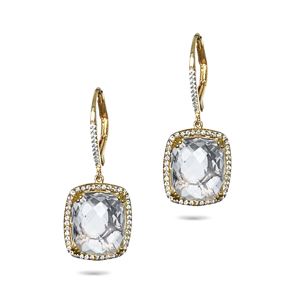 14k gold diamond cushion cut white topaz hoop dangle earrings ME31356