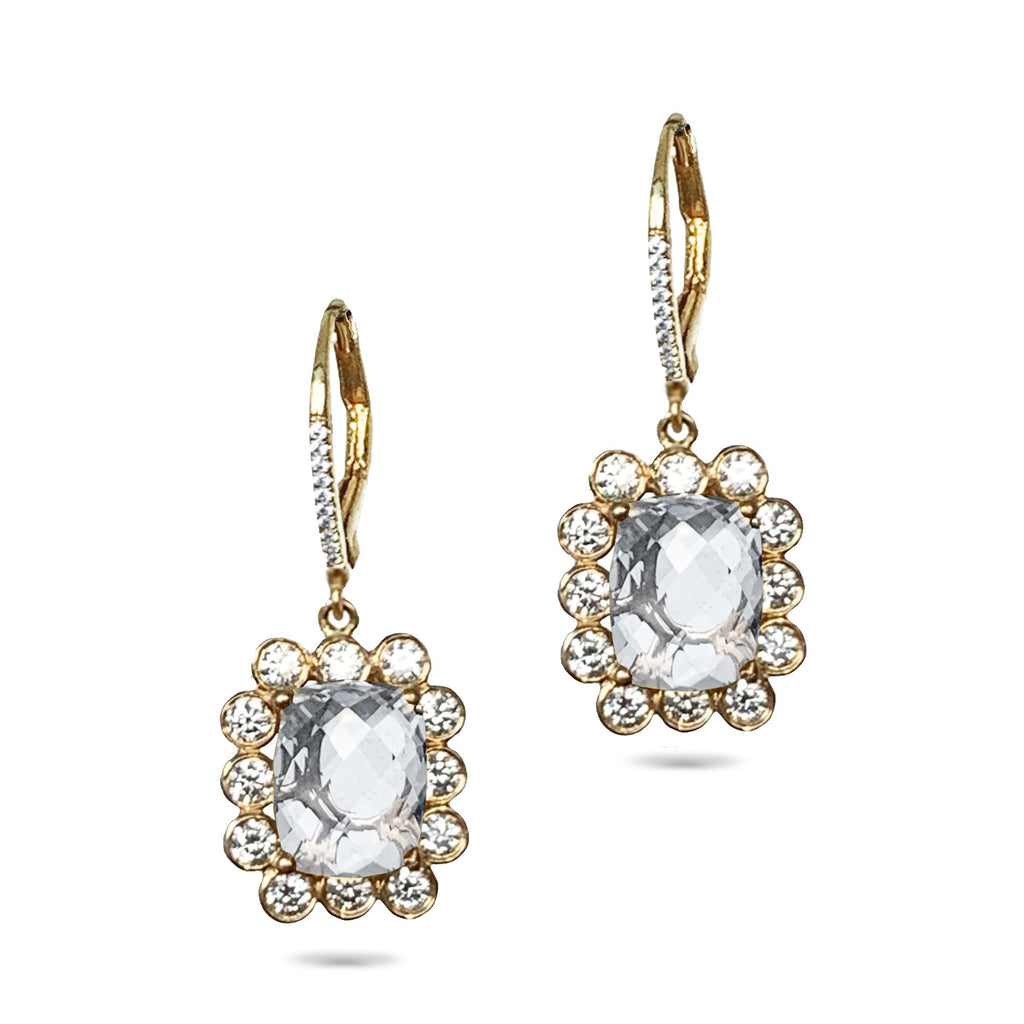 14k gold emerald cut white topaz halo earring ME31594WT