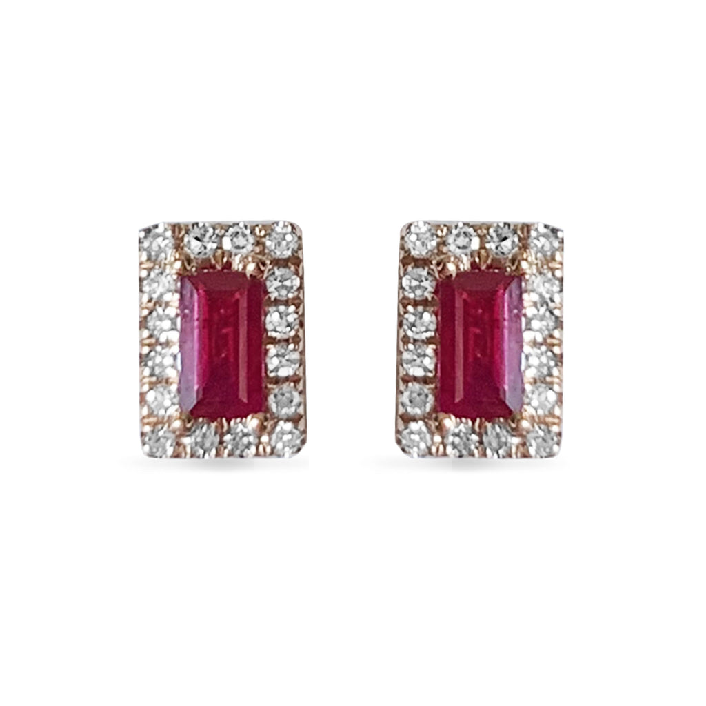 14K Halo Baguette Ruby & Diamond Studs ME46332R