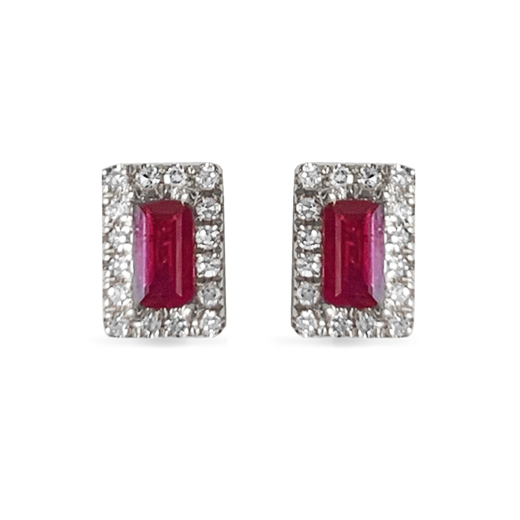 14K Halo Baguette Ruby & Diamond Studs ME46332R