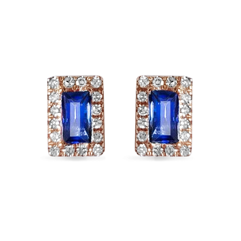 14K Halo Baguette Sapphire & Diamond Studs ME46332S
