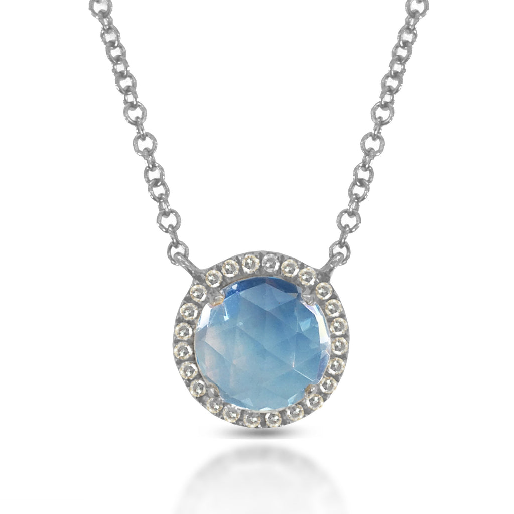 14K Round Halo Diamond & Blue Topaz Necklace MN21894BT