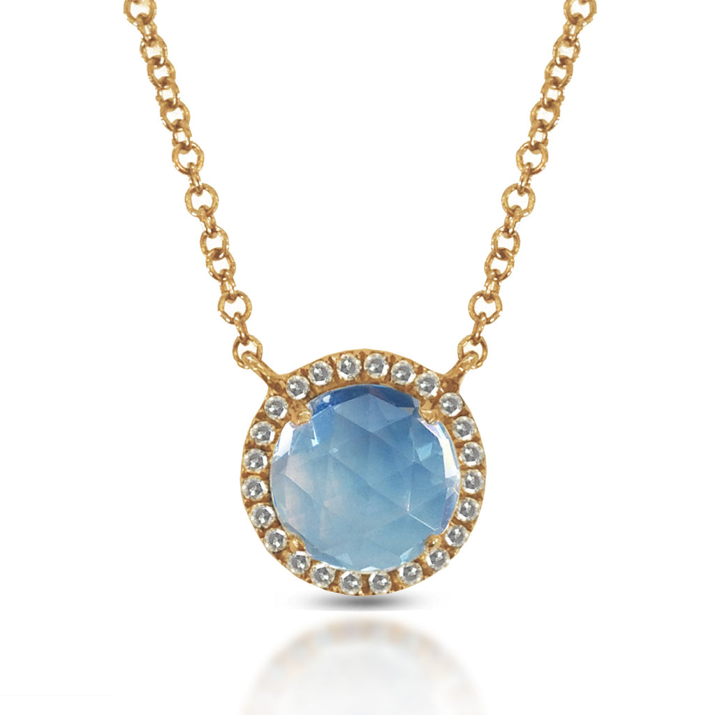14K Round Halo Diamond & Blue Topaz Necklace MN21894BT