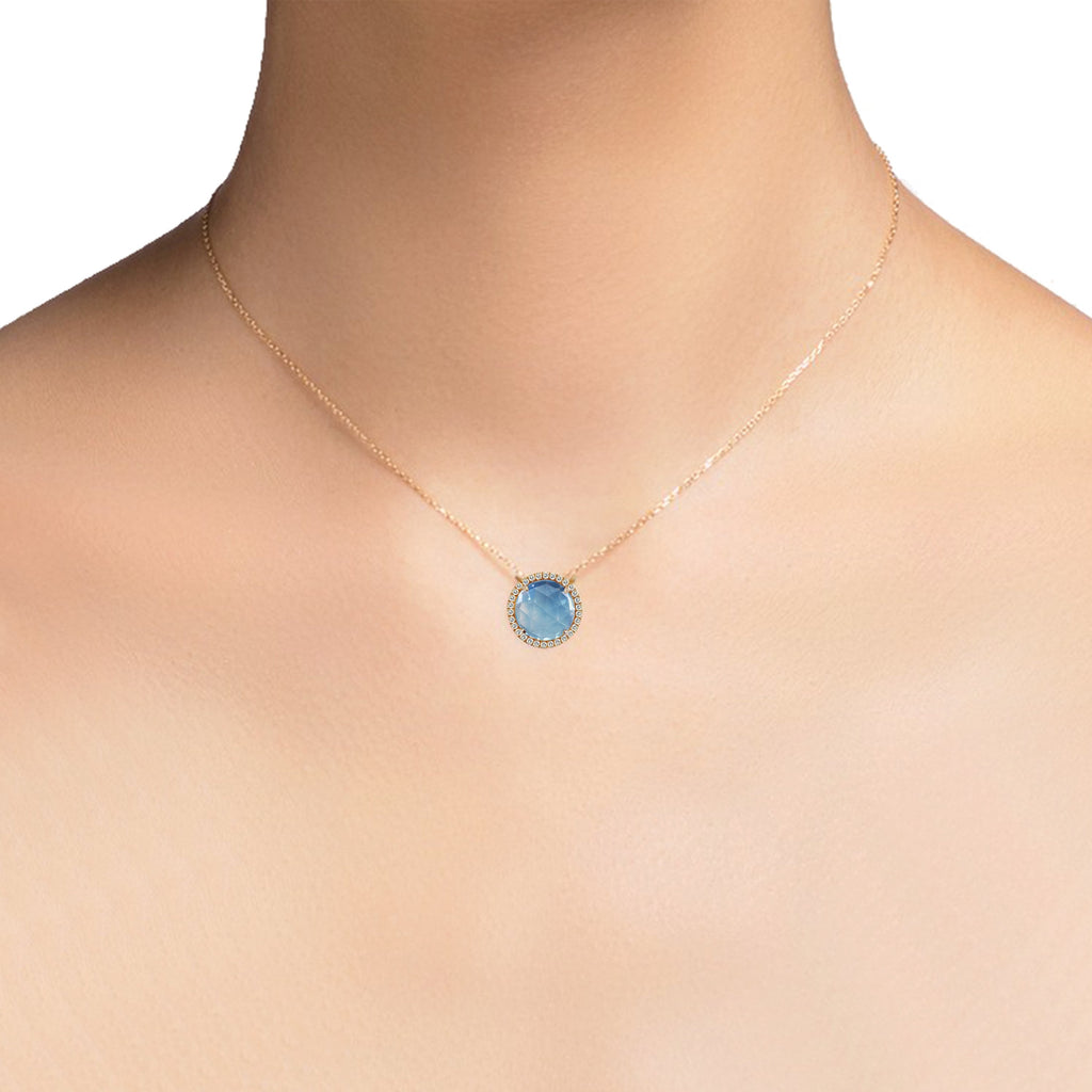 14K Gold Round Halo Diamond & Blue Topaz Necklace MN22498BT