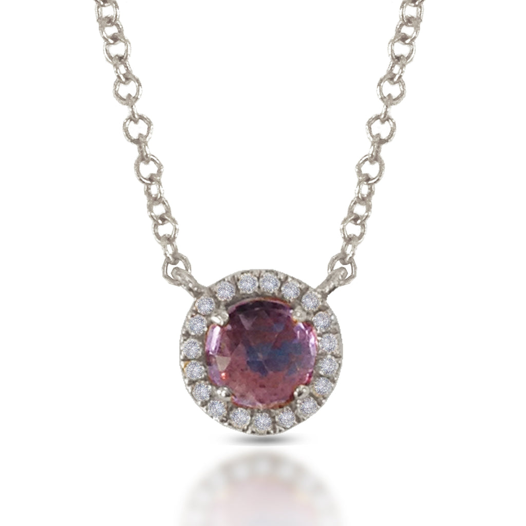 14K Gold Round Halo Diamond & Amethyst Necklace MN22501RPA