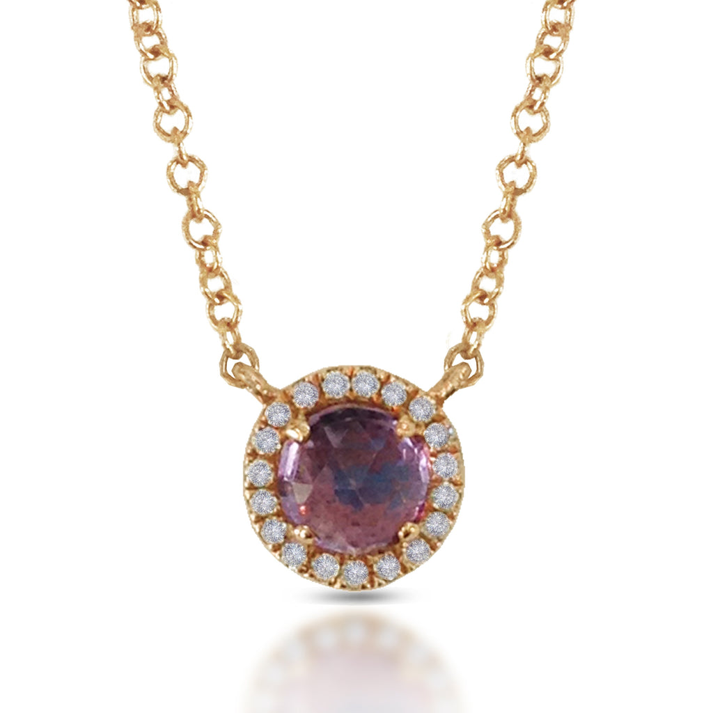 14K Gold Round Halo Diamond & Amethyst Necklace MN22501RPA