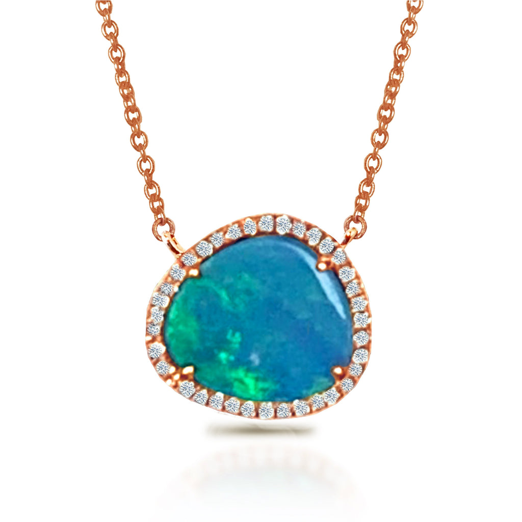 14k oval shape blue opal halo necklace MN71678OP