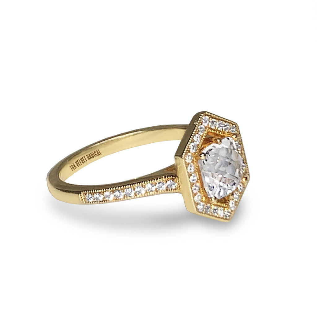 14k gold hexagon white topaz engagement ring MR31592E