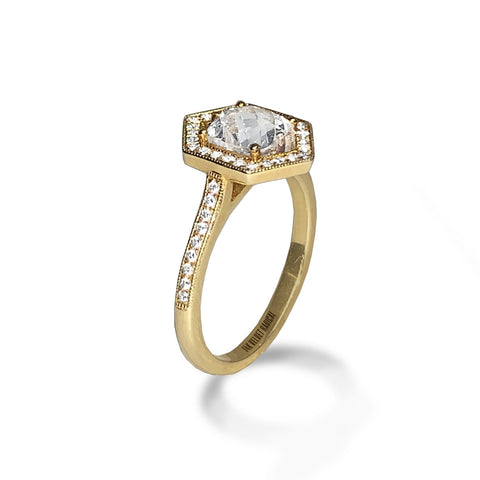 14K Brushed Gold Diamond Oval White Topaz Engagement Ring MR45160