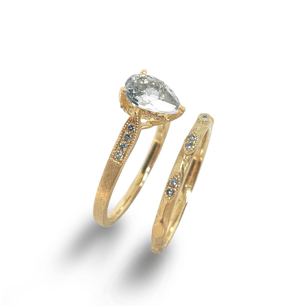 14K Brushed Gold White Topaz Pear Shape Engagement Ring MR45159