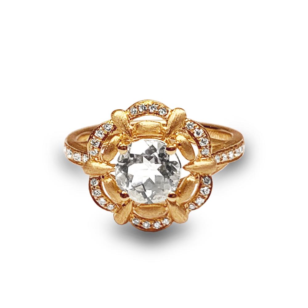 14k matt gold clover diamond white topaz engagement ring MR45176