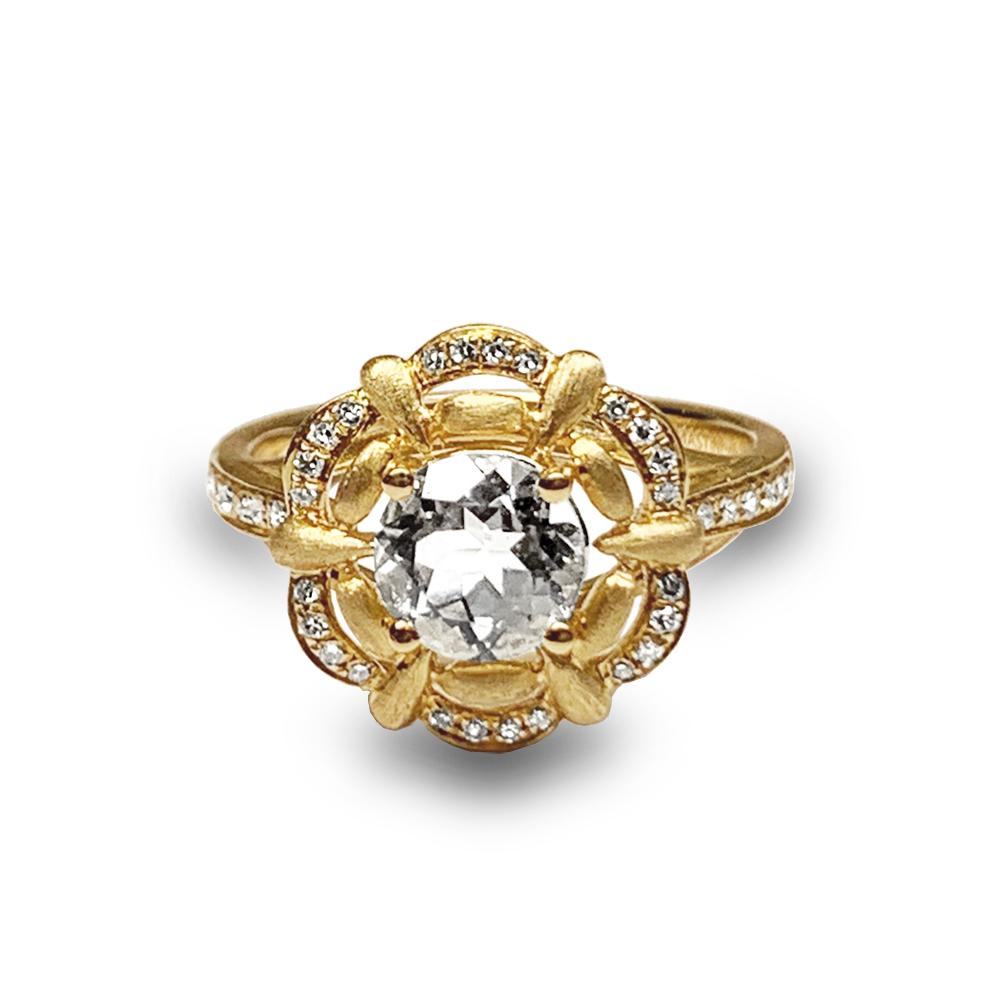 14k matt gold clover diamond white topaz engagement ring MR45176