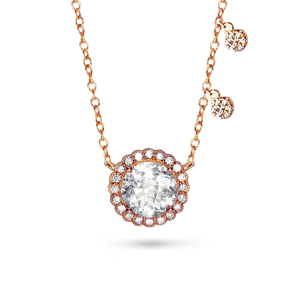 14k Round halo white topaz & diamond necklace MN31590