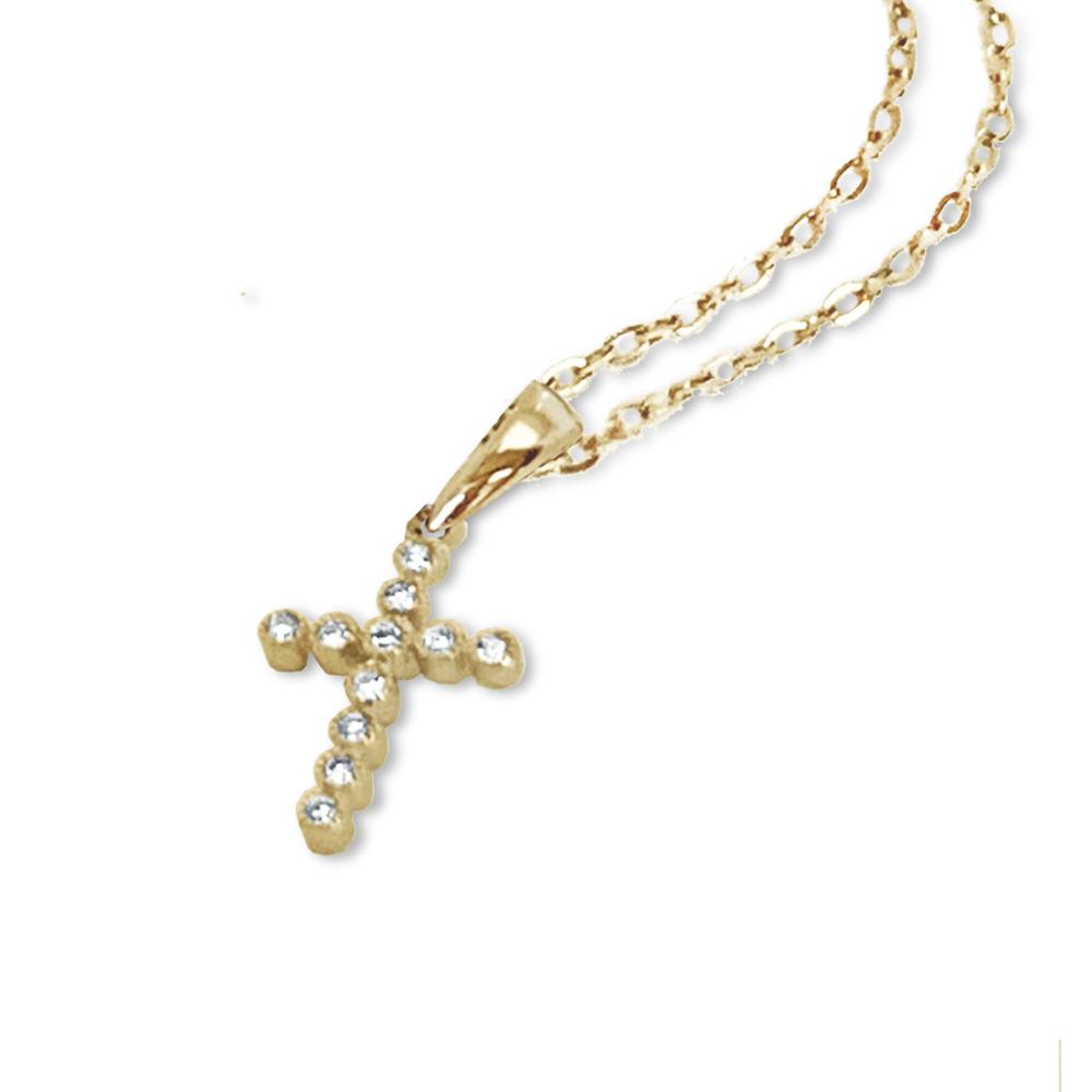 14K Gold Delicate Diamond Bezel Cross Pendant P25267
