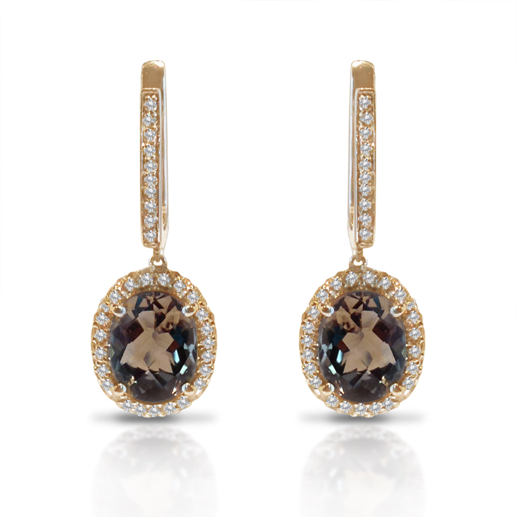 14k gold diamond smoky quarts halo hoop dangle earrings E598SQ