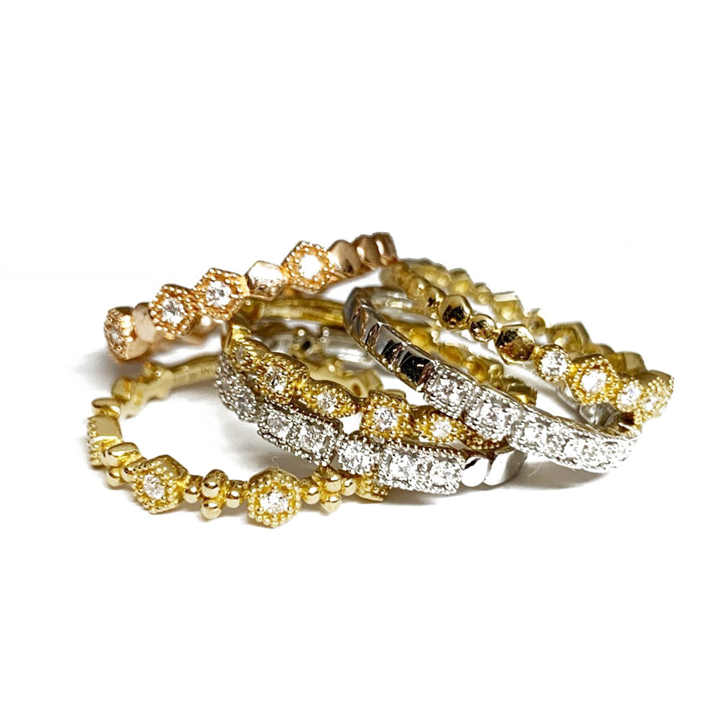 14K Gold Delicate Hexagon Diamond Band Stack Ring SR45054