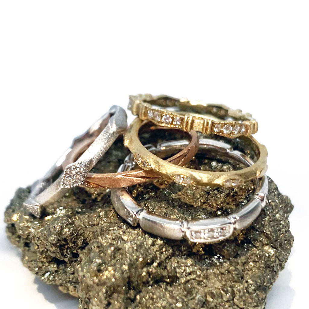 14K Brushed Gold  Diamond Crescent Moon Wedding Band Stack Ring SR45163