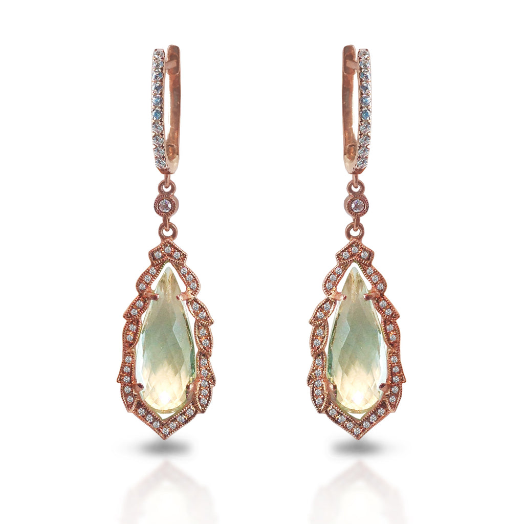 14K Ornate Green Amethyst Diamond Earrings ME2155