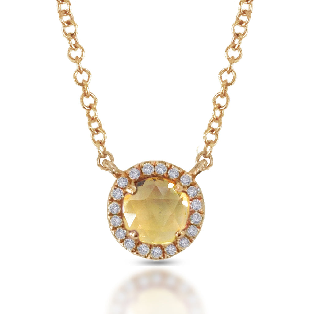 14K Gold Round Halo Diamond & Citrine Necklace MN22501CT