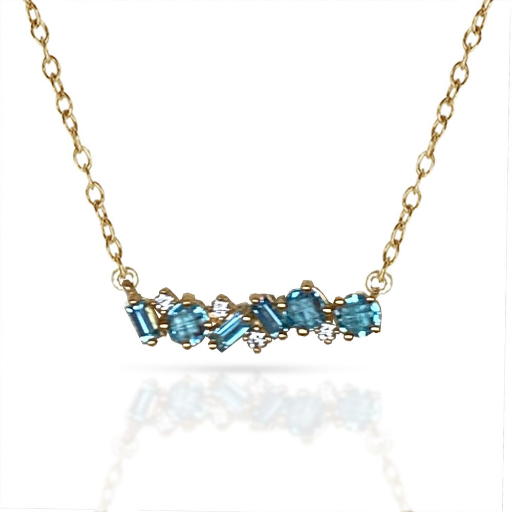14k gold blue topaz baguette bar necklace MN3341