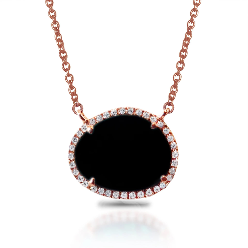 14k oval shape black onyx halo necklace MN71678OX